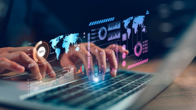 An analyst uses a computer and dashboard for data business analysis and a Data Management System with KPI and metrics connected to the database for technology finance operations sales marketing