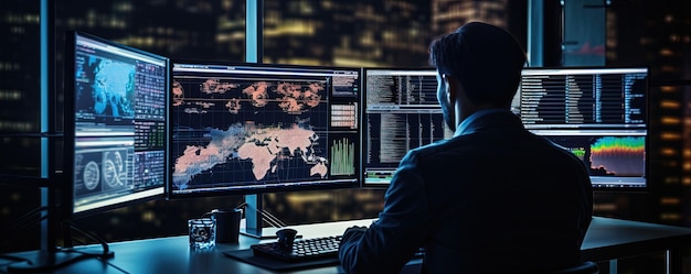 An analyst uses a computer and dashboard for data business analysis and Data Management System with KPI and metrics connected to the database for technology finance operations