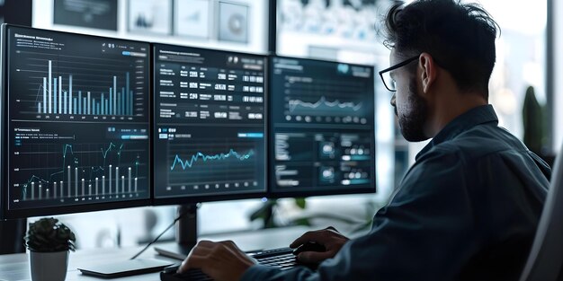 analyst utilizes computer dashboard to analyze business data and kpi metrics concept data analysis key performance indicators business metrics computer dashboard analyst tools