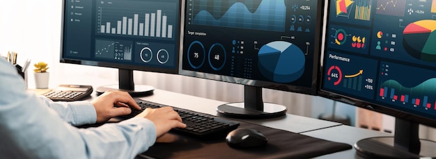 analyst working on data analysis or bi dashboard on computer monitor businessman analyzing financial data by fintech in corporate office for business marketing and strategy planning trailblazing