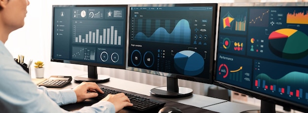 Foto analista che lavora sull'analisi dei dati o sul dashboard bi sul monitor del computer imprenditore che analizza i dati finanziari di fintech nell'ufficio aziendale per il marketing aziendale e la pianificazione strategica trailblazing