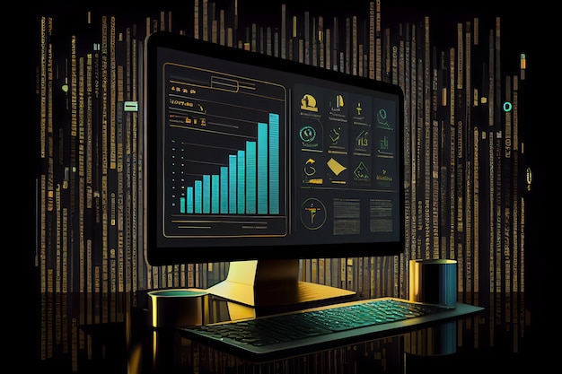 Analyst working with computer in Business Analytics and Data Management System to make report with KPI and metrics connected to database Ai Generative