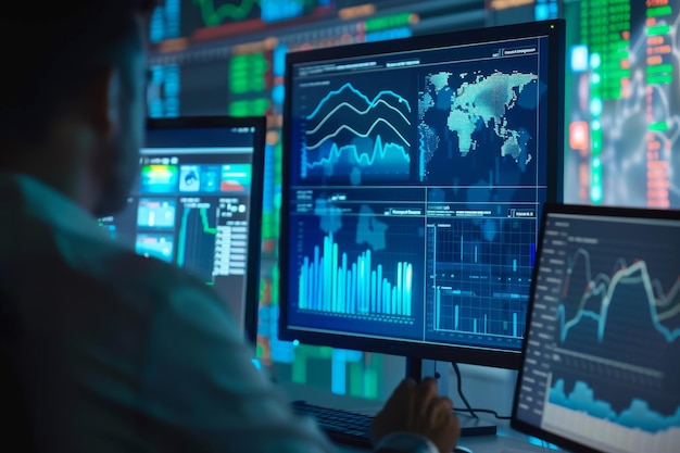 Photo analysts use computers to analyze statistical data to improve targeted digital online marketing stra