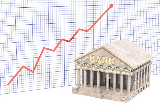 Analytical banking concept bank building with growing chart 3D rendering