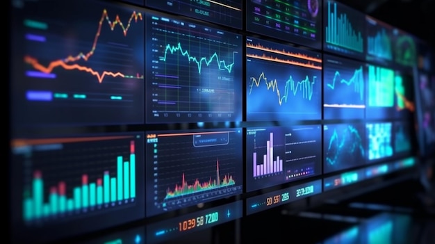 Analytical perspective Monitor screen displaying digital analytics data visualization and financial