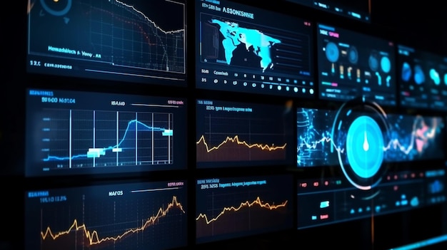 Analytical perspective Monitor screen displaying digital analytics data visualization and financial