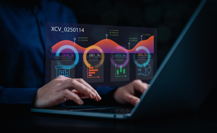 Photo analytics chart business analysis chart kpi showing icon on virtual screen monitor laptop by hologra