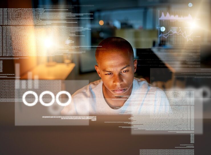 Photo analytics database and overlay with man programming in office at night for coding or encryption computer language face and confused african programmer at work on 3d screen for development