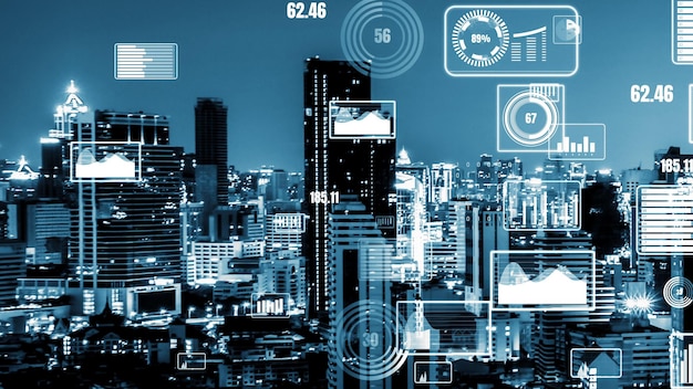 Analytische interface voor zakelijke gegevens vliegt over slimme stad met wijzigingstoekomst