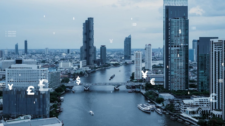 Foto analytische interface voor zakelijke gegevens vliegt over slimme stad met wijzigingstoekomst