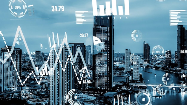 Analytische interface voor zakelijke gegevens vliegt over slimme stad met wijzigingstoekomst