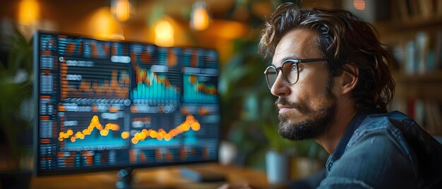 analyzing data on computer in office setting with blurred background and copy space concept office setting data analysis computer blurred background copy space