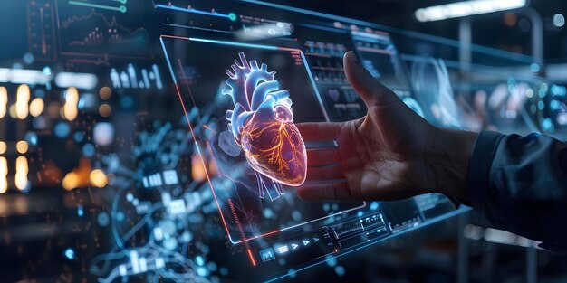 사진 미래의 의학에서 혁신적인 기술을 사용하여 잠재적인 심장 질환에 대한 심장 홀로그램 테스트 결과를 분석하는 개념 심장 홀로그램 분석 미래의 의학 심장 질병 탐지