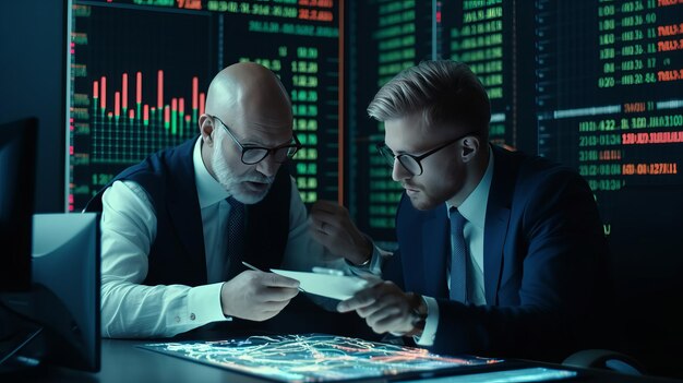 Analyzing information together Two stockbrokers in formal clothes works in the office