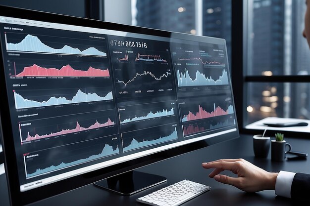 Foto analisi dei dati di vendita sul monitor transaprent