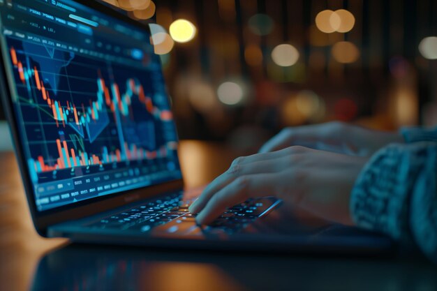 Analyzing Stock Market Data on Laptop in LowLight