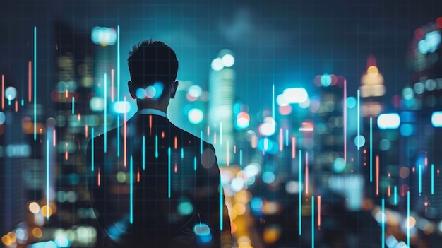 Analyzing stock market financials on a virtual screen with a cityscape double exposure financial analysis of stock markets