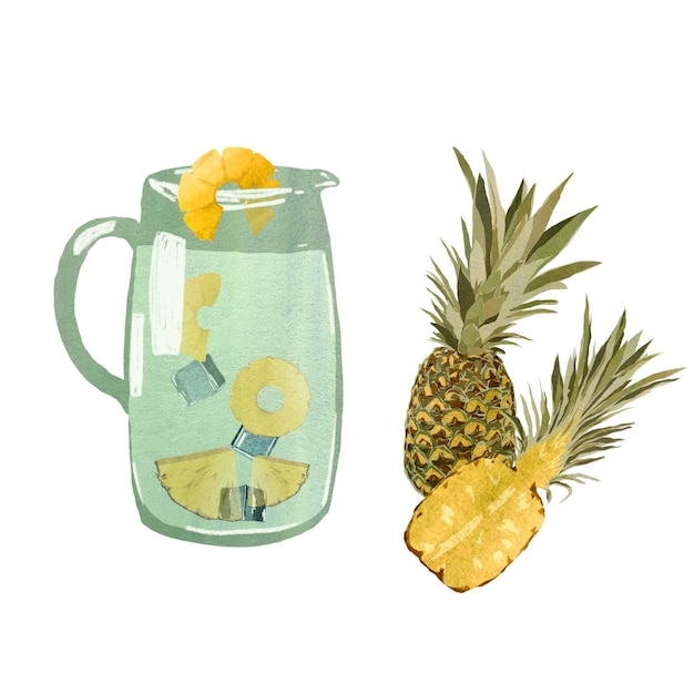 Ananas fruit karaf ijsblokje limonade. Een aquarel illustratie. Handgetekende textuur en isolaat