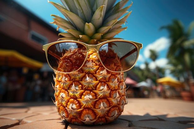 Foto ananas in een zonnebril op een prachtige achtergrond