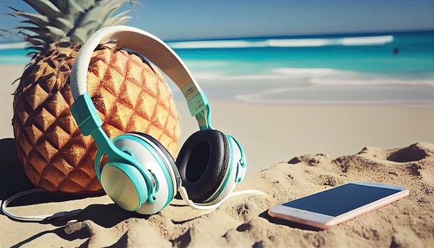 Ananas in koptelefoon liggend op het zand Luisteren naar muziek ontspannen Tropisch zomer vakantie concept