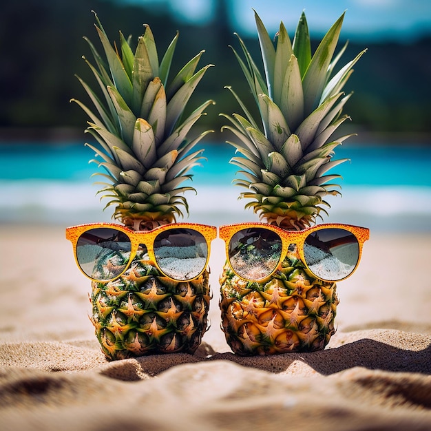 Foto ananas in zonnebrillen op het zand op het strand