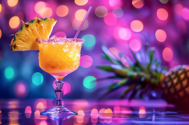 Ananas Margarita Cocktail on Neon Background Pineapple Tropical Mocktail Beach Party Coctail