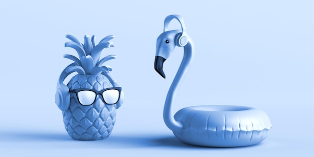 Foto ananas met zonnebril en flamingo zweven met koptelefoon kopieer ruimte 3d illustratie