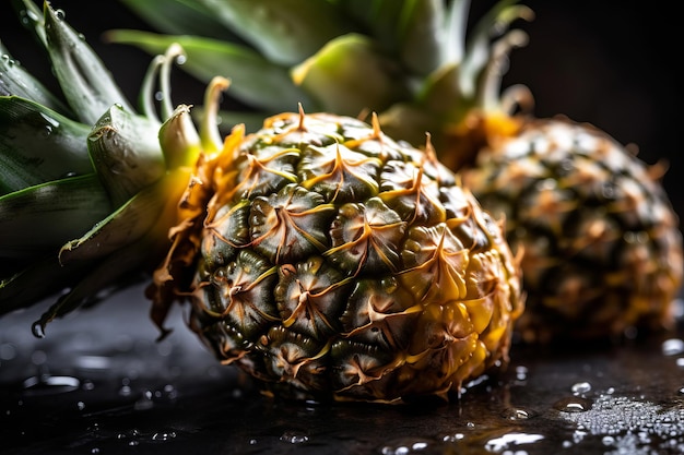 Ananas op een zwarte achtergrond met waterdruppeltjes