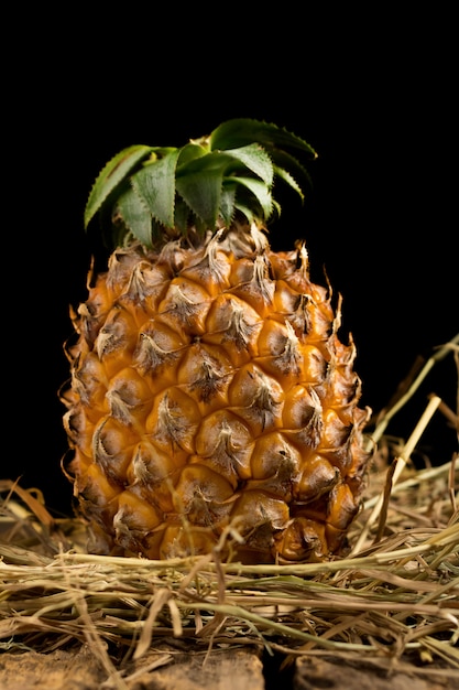 Ananas. rietje. zwarte achtergrond