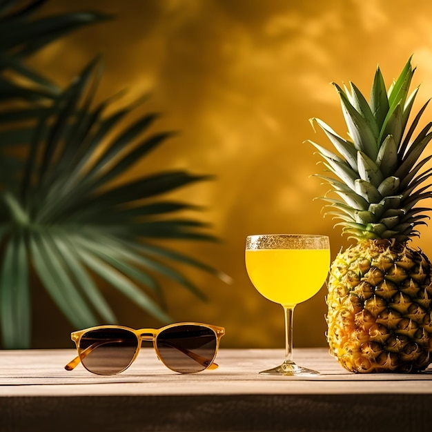 Ananas sap in een glazen beker op een houten tafel naast een zonnebril een zomervakantie concept