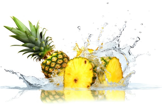 Ananas splash water geïsoleerde witte achtergrond