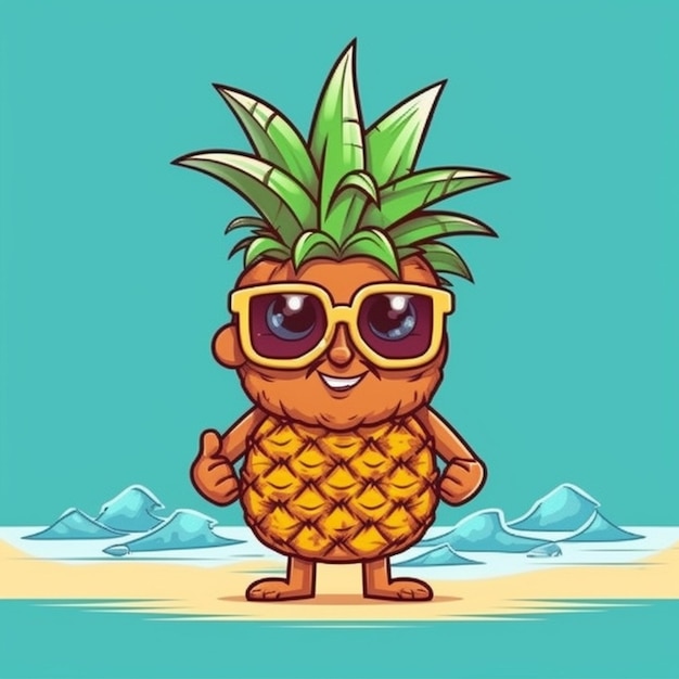 Ananas stripfiguur met zonnebril op het strand