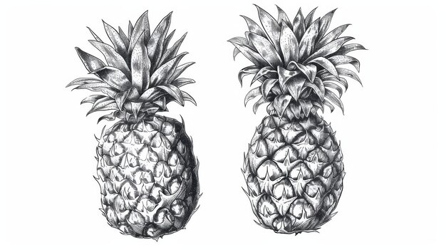 Photo ananas whole tropical fruit detailed ink drawing outlined contoured etching engraving woodcut isolated modern illustration