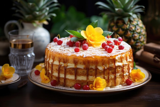 Ananascake met bessen op een houten tafel