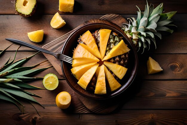 Foto ananasschijfjes op een bord met een ananas en ananas.