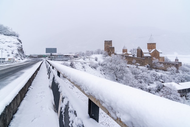 Ananuri is a castle complex on the Aragvi River in winter