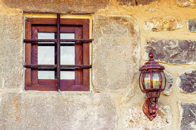 Anatolia Stone House Wall with Wooden Window and Old Street Lamp Historical and Architectural