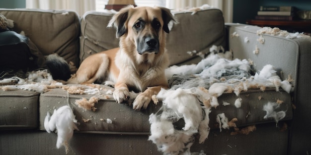 Photo anatolian shepherd dog sitting on a torn coach in living room got caught doing mess