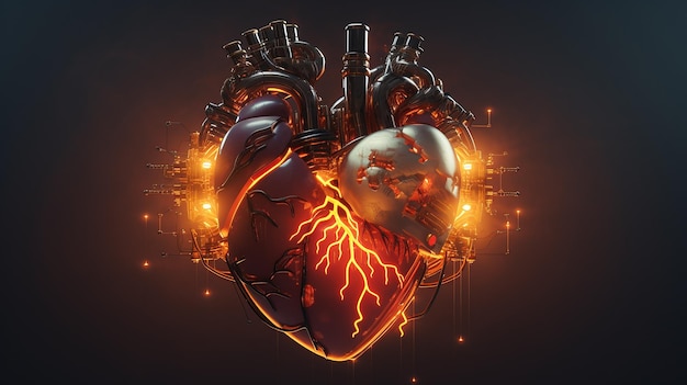 전선 과 회로 로 만들어진 해부학적 인 심장 과 뇌 3D 일러스트레이션