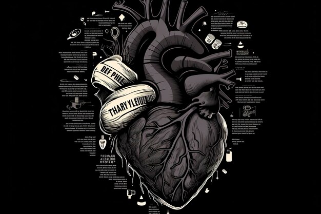 An anatomical heart surrounded by words of encouragement solid black