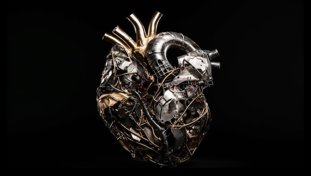 사진 인공지능이 생성한 금속 조각으로 형성된 해부학적 인간 심장