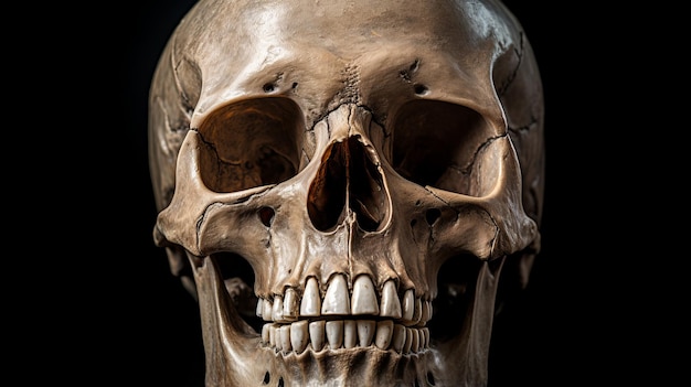 The anatomical of the human skull showed teeth and skeletons Feel the isolated dark dead face horror and spooky concept