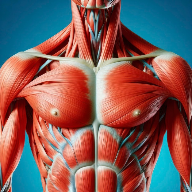 Anatomical Illustration of Muscles in the Upper Body isolated on bright blue background ai generative