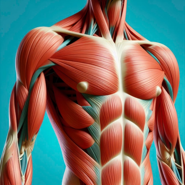Анатомическая иллюстрация мышц верхней части тела, изолированная на ярко-синем фоне, генеративная