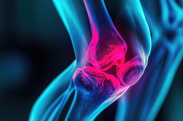 Photo an anatomical image showing a knee joint with clear visibility of ligaments and bone structures in shades of blue and pink colorful variant of a 3d human knee xray ai generated