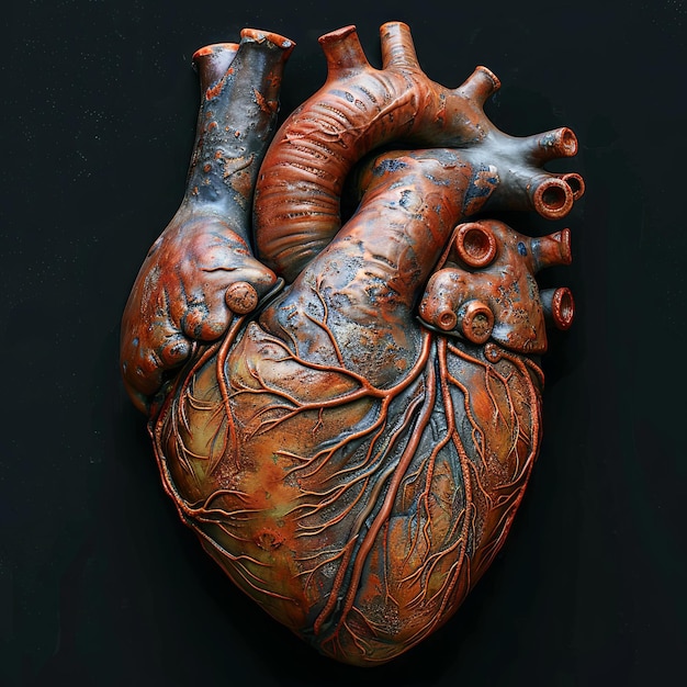 Photo anatomical model human heart in the style of black background photorealistic details generative ai