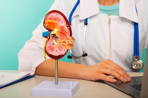 Anatomical model human kidney on work desk of doctor