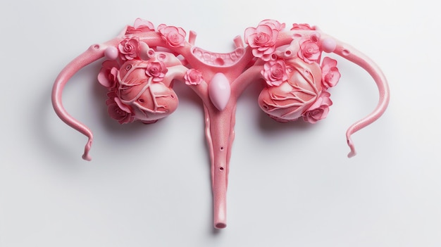 색 위에 분홍색 장미로 스타일링 된 난소와 함께 인간 자궁의 해부학적 모델