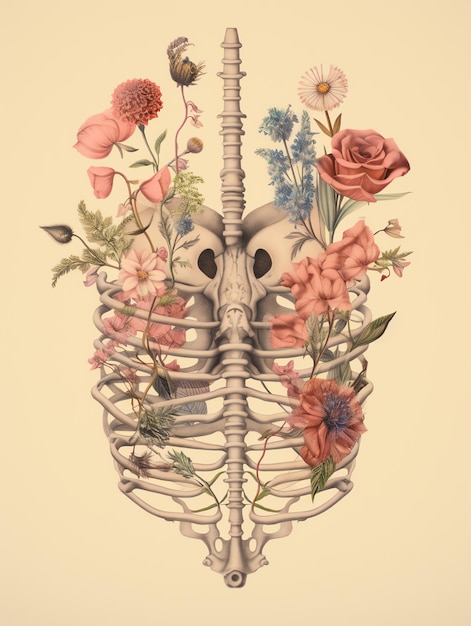 Photo anatomically correct diagram of a ribcage with flowers growing on beige vintage medical book page