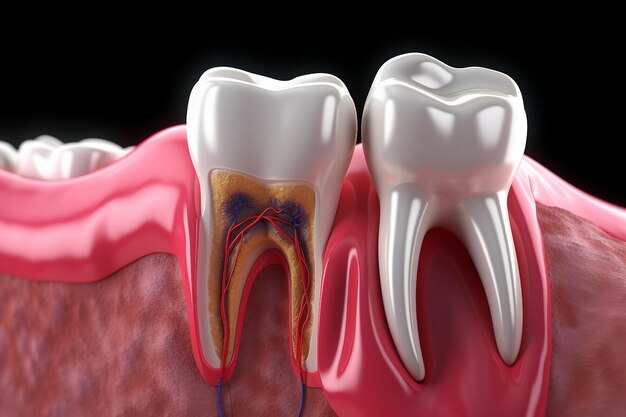 Anatomie van gezonde tanden en tand met plaque close-up